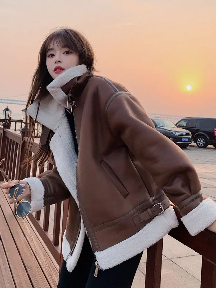 2023 New Winter Lambswool Coat Female Padded Fur One Motorcycle Suit Short Loose Leisure Plush Cotton-padded Jacket Coat Female