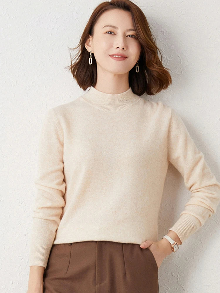 2024 Women Solid Half High Collar Cashmere Sweater Autumn Winter Loose Plus-Size Knitted Wool Casual Sweater Bottoming Shirt