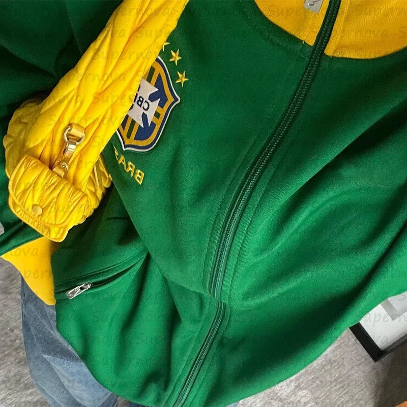 Brazil Aesthetic Zip Up Hoodies 2000s Retro Grunge Mall Goth Jacket Coat Y2K  Vintage Slim Sweatshirts Letter Embroidery Graphic