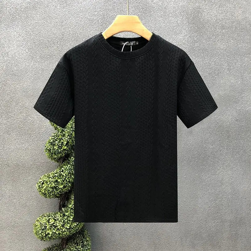 2024 New Summer Retro Korean Style Striped Knitting Solid Color T-shirts for Men Handsome O Neck Short Sleeve Chiffon Y2K Tops