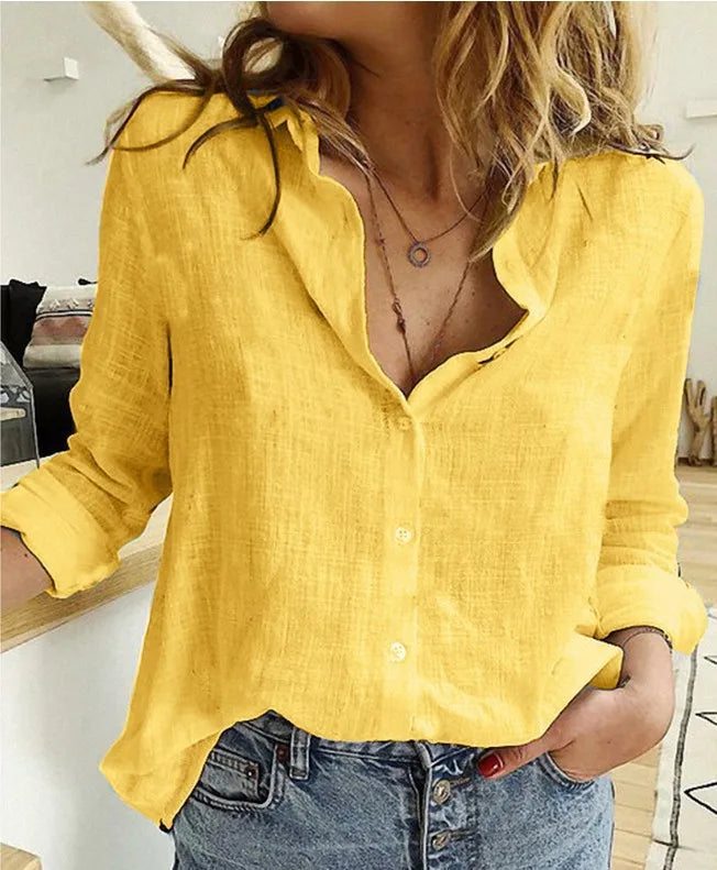 Elegant Cotton Linen Shirts Women Casual Solid Button Lapel Blouses Shirts Autumn Winter Long Sleeve Loose Tops Tunic Blusas