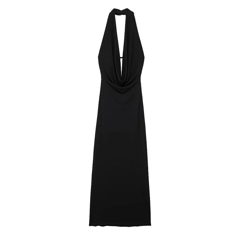 Willshela Women Fashion Solid Pleated Backless Lace Up Midi Dress Vintage Halter V-Neck Female Chic Lady Dresses