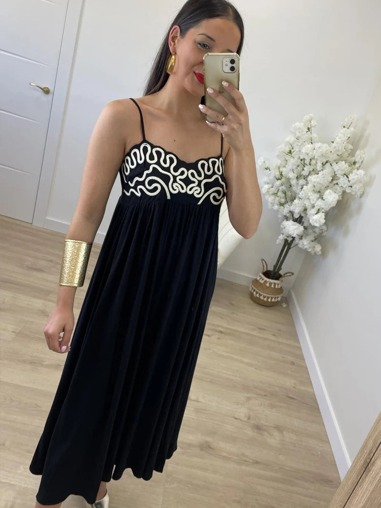 Fashion Embroidery Sling Long Dress Women 2024 Elegant V-Neck Sleeveless Backless Pleated Midi Dress Summer Vacation Beach Robes