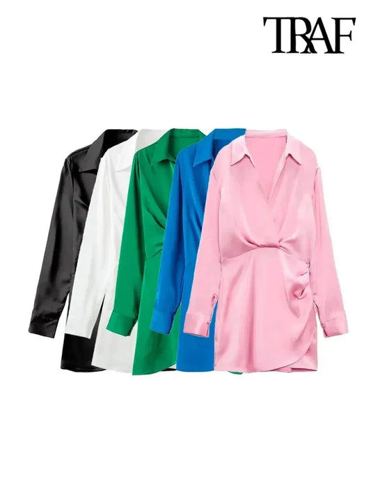 TRAF Women Fashion With Gathered Satin Mini Dress Vintage V Neck Long Sleeve Female Dresses Vestidos Mujer