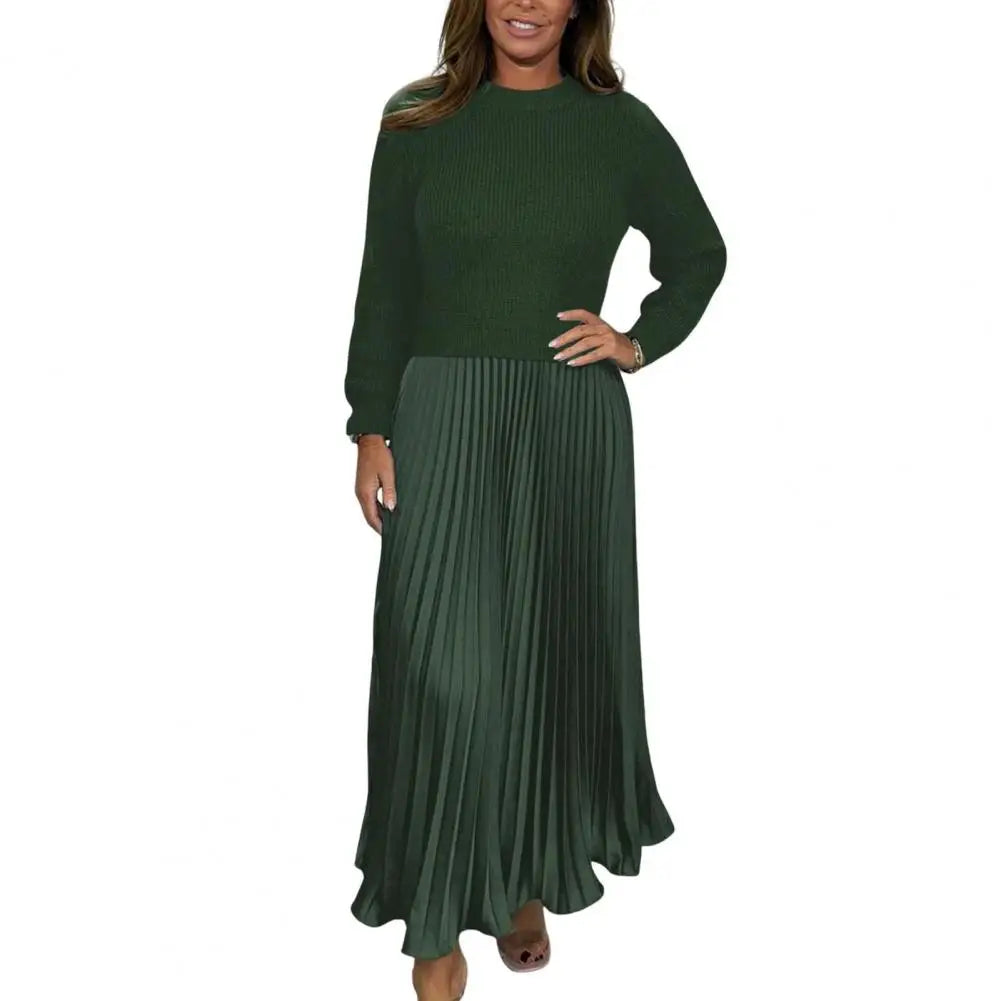 Autumn Winter Women Dress Knitted Sweater Fake Two-piece Pleated Skirt Patchwork Long Sleeve Round Neck A-line Maxi Dress