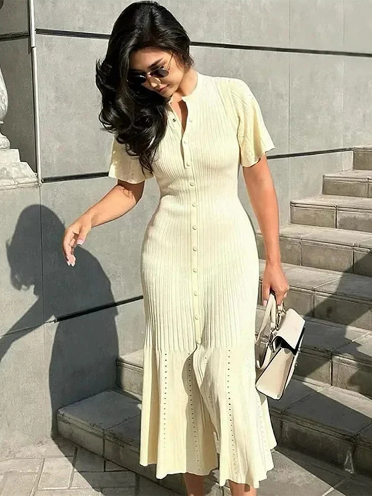 Elegant Knit Dress For Women White Slim O-neck Single Breasted Short Sleeve Long Dresses Female 2025 Spring Fashion Lady Robe