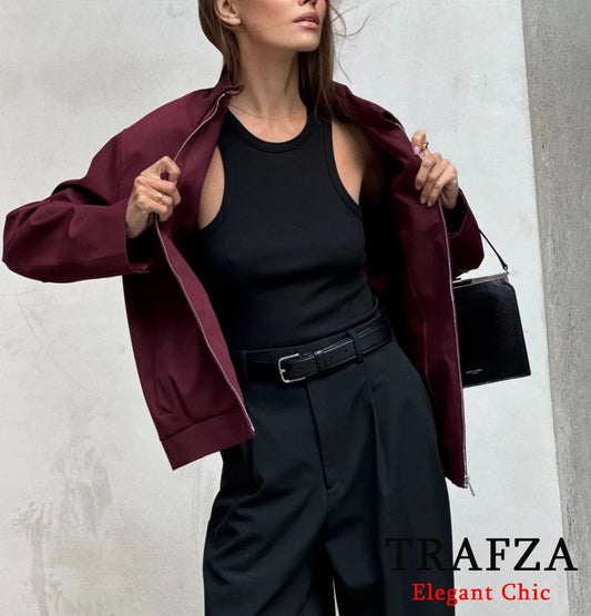 TRAFZA-Women Vintage Loose Zipper Jacket Lapel Burgundy Color Jacket New 2025 Spring Autumn Fall Fashion Casual Commuter Jacket