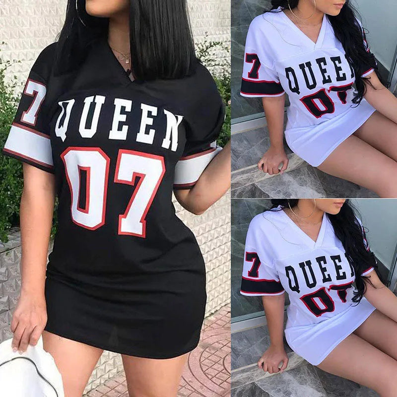 2024 New Fashion V-Neck Queen Letters Print Dress Short Sleeve Basketball Sporty Style Sexy Loose Female Clothing Streetwear