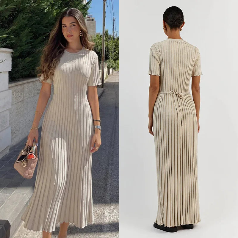 Elegant Knit Dress For Women White Slim O-neck Single Breasted Short Sleeve Long Dresses Female 2025 Spring Fashion Lady Robe