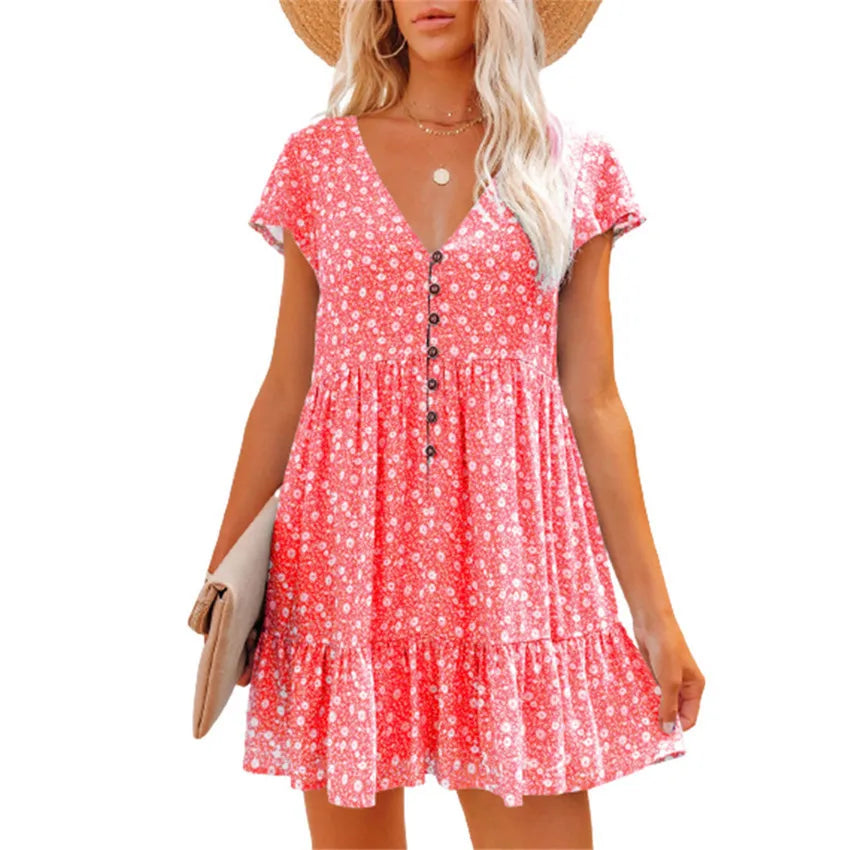 Women's Summer Sun Dresses Floral Full Print Button Up Dress Women Beach Dress V-neck Casual Loose Dress Women's Summer Clothing