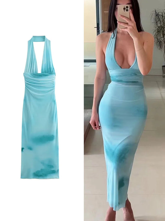 TRAF 2024 Women Summer Slim Tie-dye Gradient Dress Sexy Backless Dress Woman Folds Elegant Neck-Mounted Slim Long Dresses