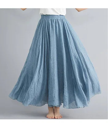 28-Color Mori Girl Literary Cotton Linen Dress Elastic Waist A-line Expansion Skirt Solid Color Ethnic Style Women Long Skirts