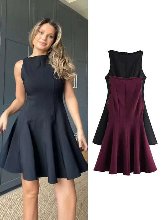 TRAF 2024 Autumn Fashion Women Pleated Dresses Elegant Chic O-neck Sleeveless A-line Party Dress Sweet Back Zipper Folds Dress