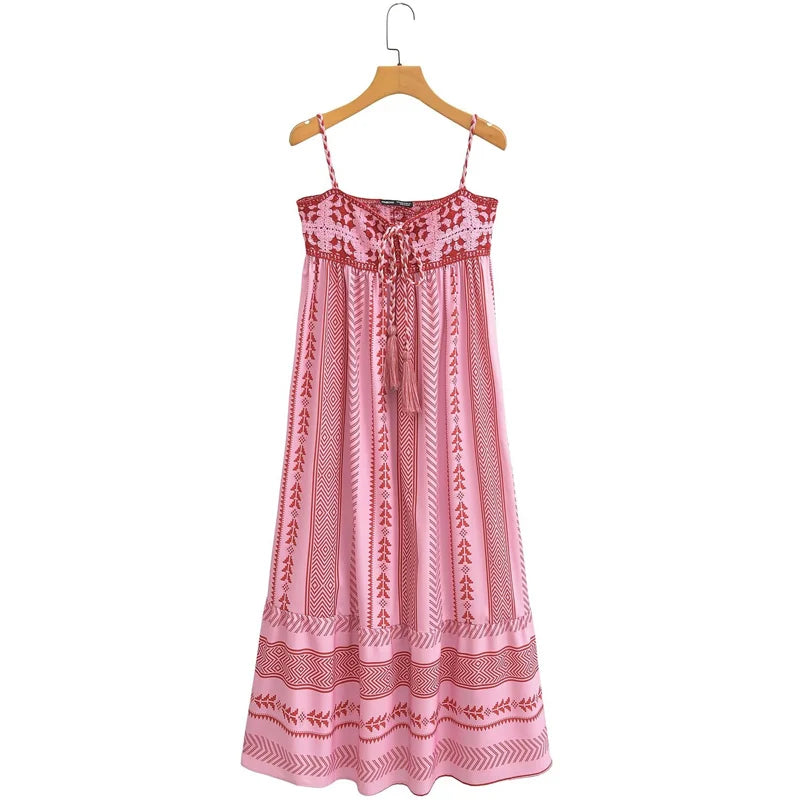 HXAO Print Long Dresses Women's Dress Embroidered Sleeveless Backless Dress Summer Midi Loose Lace-Up Slip Dresses Beach Dress