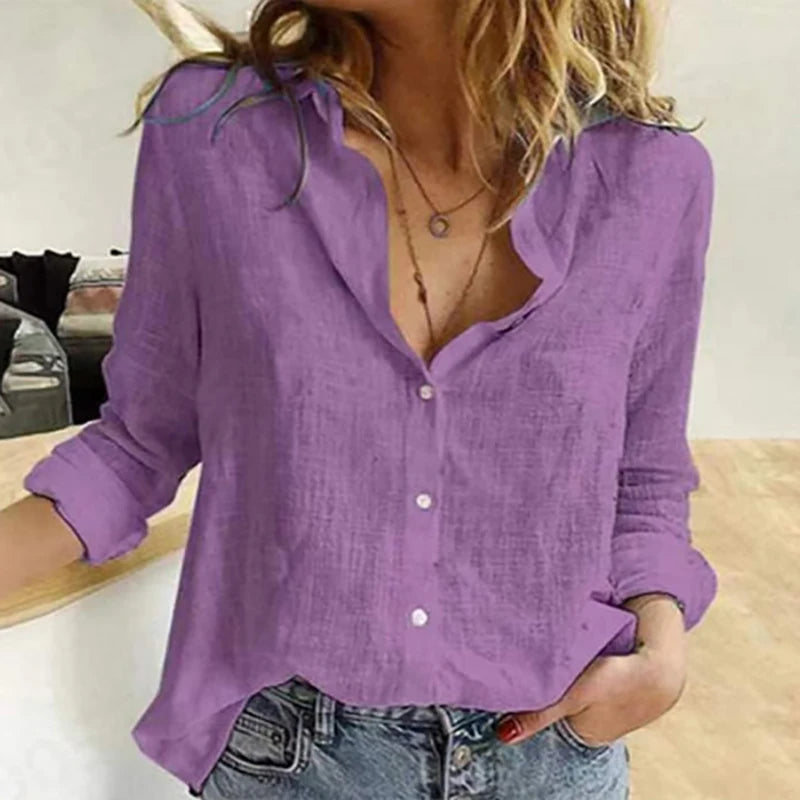 Elegant Cotton Linen Shirts Women Casual Solid Button Lapel Blouses Shirts Autumn Winter Long Sleeve Loose Tops Tunic Blusas