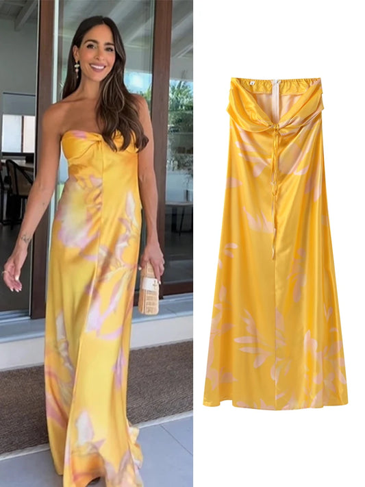 Elegant Satin Strapless Maxi Dress For Women Chic Print Sleeveless Backless Dress 2024 New Summer Lady Sexy Party Evening Robe