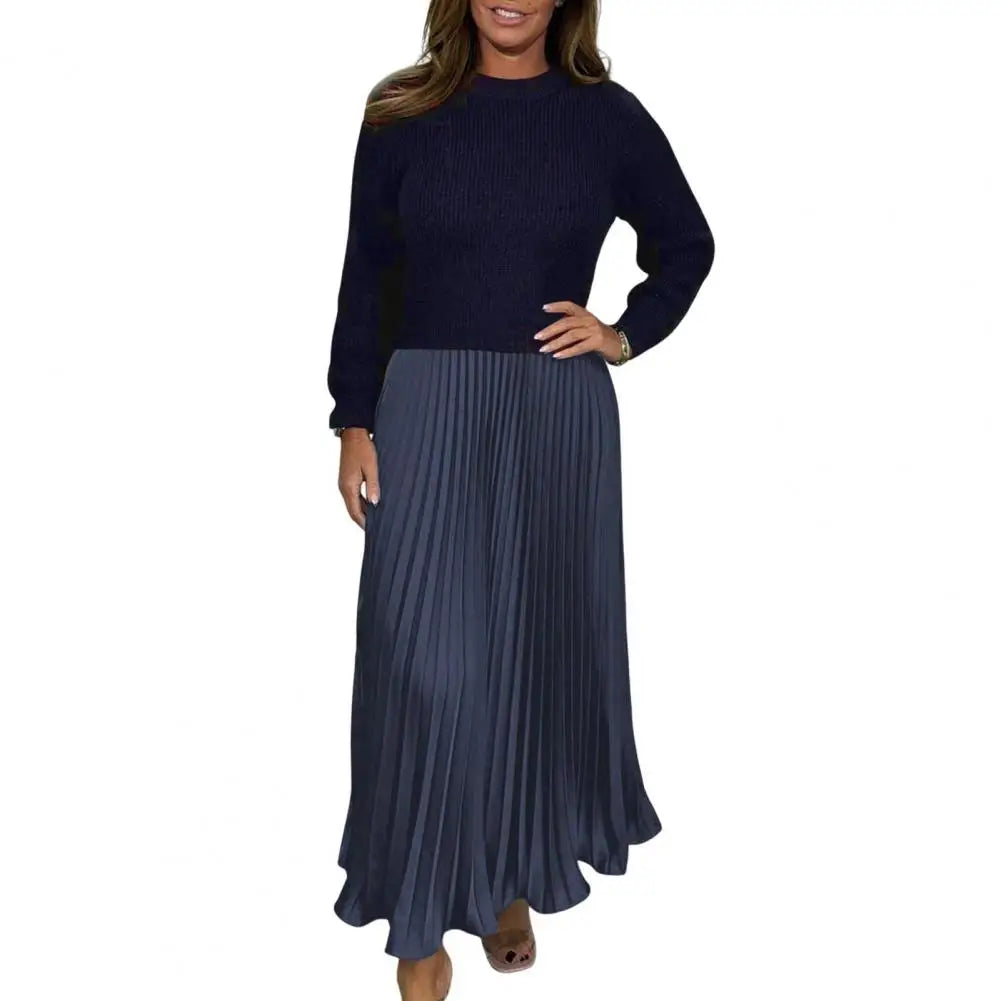 Autumn Winter Women Dress Knitted Sweater Fake Two-piece Pleated Skirt Patchwork Long Sleeve Round Neck A-line Maxi Dress