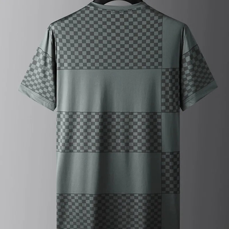 Trend Luxury Versatile Summer Men's Ice Silk O-Neck Printing Lattice Diamonds Fashion Casual Loose Short Sleeve T-Shirts Tops