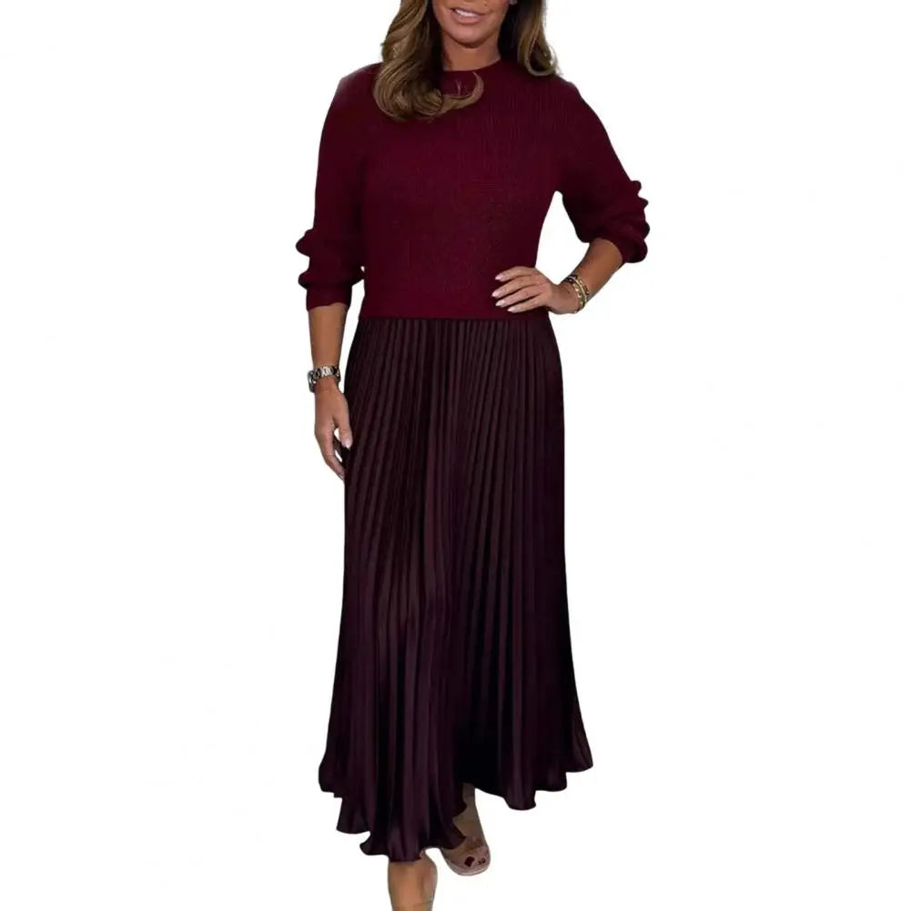 Autumn Winter Women Dress Knitted Sweater Fake Two-piece Pleated Skirt Patchwork Long Sleeve Round Neck A-line Maxi Dress