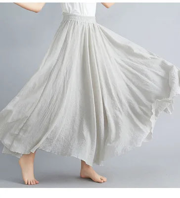 28-Color Mori Girl Literary Cotton Linen Dress Elastic Waist A-line Expansion Skirt Solid Color Ethnic Style Women Long Skirts