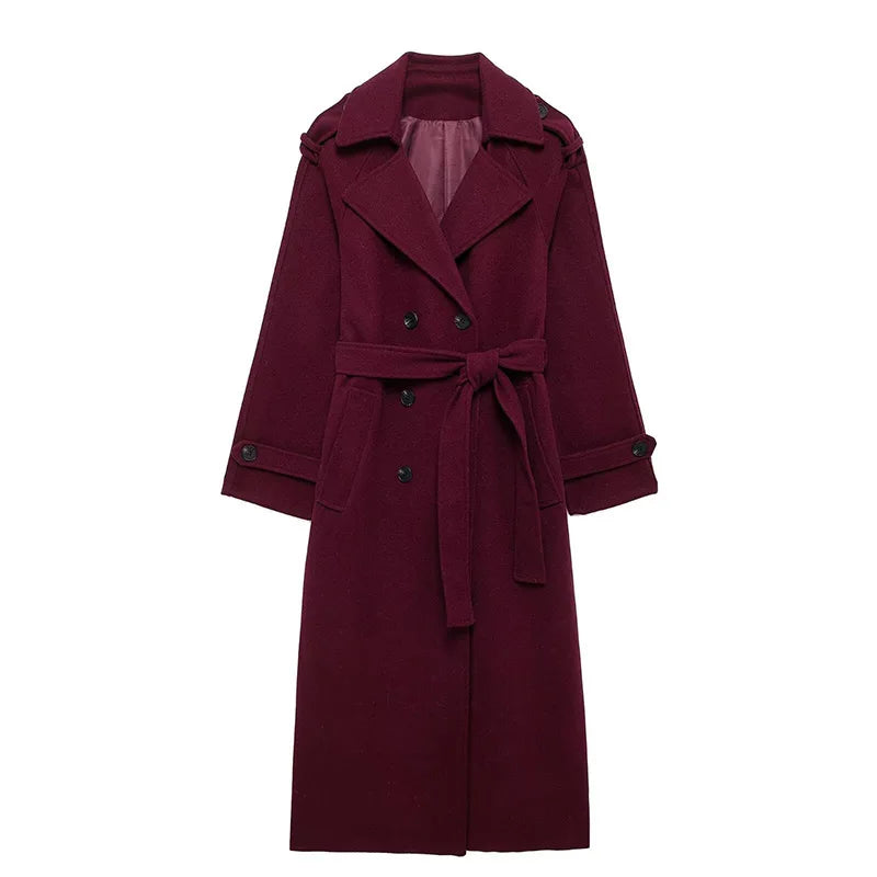 Elegant Women's Woolen Overcoat With Belt Street Lapel Double Breasted Full Sleeve Long Coat 2024 Autumn Lady Loose Outwear New