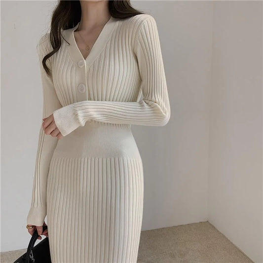 Winter Slim Women Long Dress V Neck Sexy High Waist Knitted Long Sleeve Solid Color Outwear Sexy Women Dress Fashion