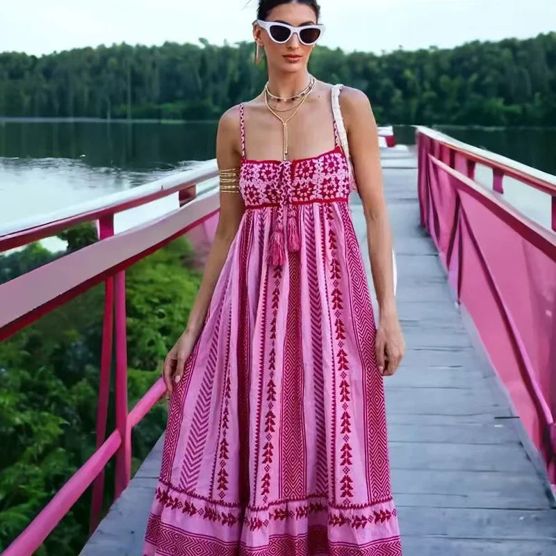 HXAO Print Long Dresses Women's Dress Embroidered Sleeveless Backless Dress Summer Midi Loose Lace-Up Slip Dresses Beach Dress