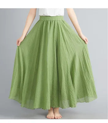 28-Color Mori Girl Literary Cotton Linen Dress Elastic Waist A-line Expansion Skirt Solid Color Ethnic Style Women Long Skirts