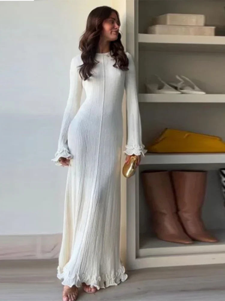 Elegant Contrasting Women Knit Maxi Dress Chic O-neck Short Sleeve Metal Buttons Bodycon Dresses 2024 Office Lady Commuting Robe