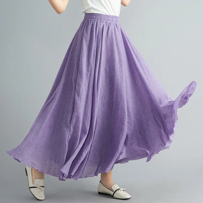 28-Color Mori Girl Literary Cotton Linen Dress Elastic Waist A-line Expansion Skirt Solid Color Ethnic Style Women Long Skirts