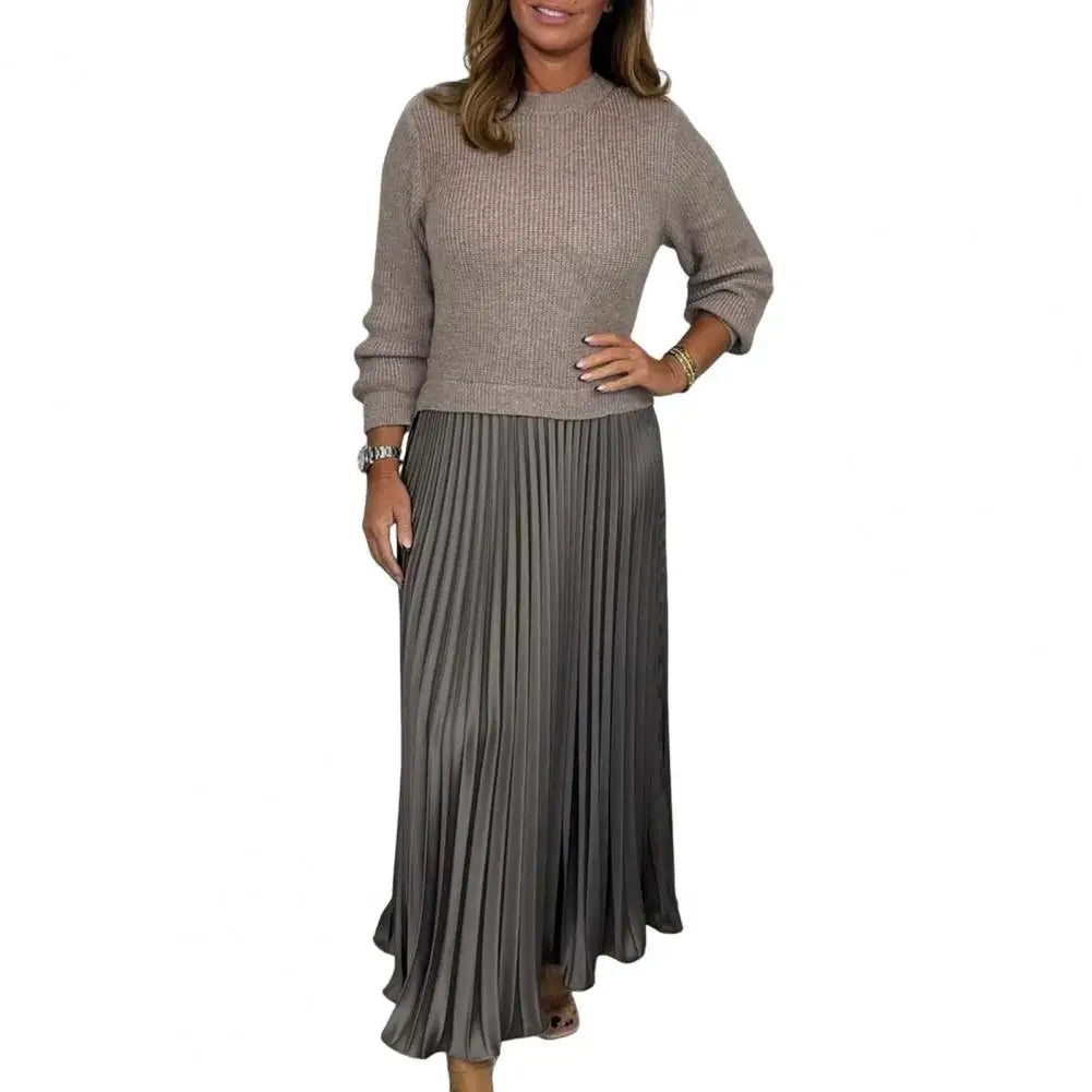 Autumn Winter Women Dress Knitted Sweater Fake Two-piece Pleated Skirt Patchwork Long Sleeve Round Neck A-line Maxi Dress