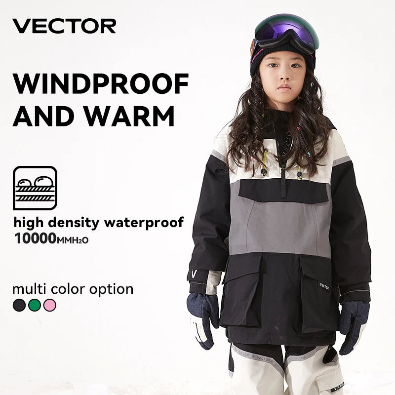 VECTOR Ski Wear Children Hooded Sweater Reflective Boys and Girls Ski Wear Thickened Warmth Waterproof Ski Equipment Ski Jacket