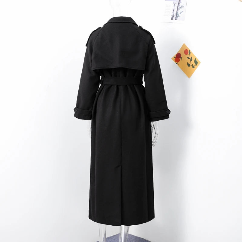 Elegant Women's Woolen Overcoat With Belt Street Lapel Double Breasted Full Sleeve Long Coat 2024 Autumn Lady Loose Outwear New