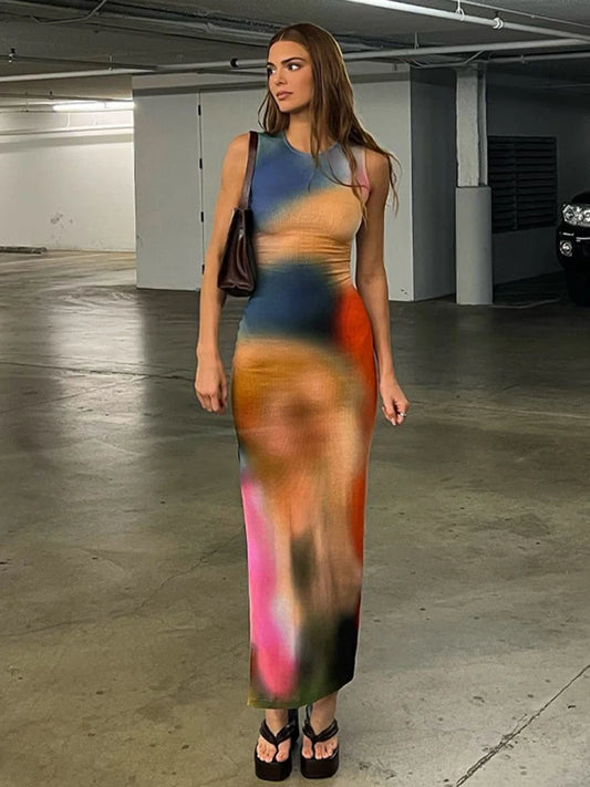 Hugcitar Tie Dye Print Ribbed Midi Dress For Women 2024 Summer Outfits Bodycon Side Slit Y2K Outfits Sexy Streetwear Long Dress