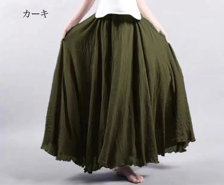 28-Color Mori Girl Literary Cotton Linen Dress Elastic Waist A-line Expansion Skirt Solid Color Ethnic Style Women Long Skirts