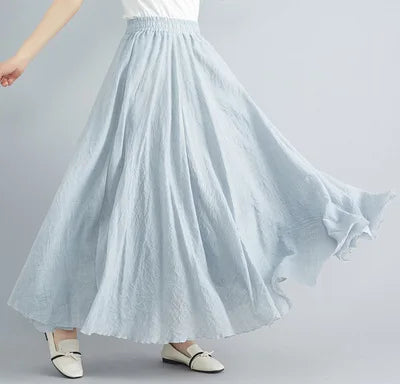 28-Color Mori Girl Literary Cotton Linen Dress Elastic Waist A-line Expansion Skirt Solid Color Ethnic Style Women Long Skirts