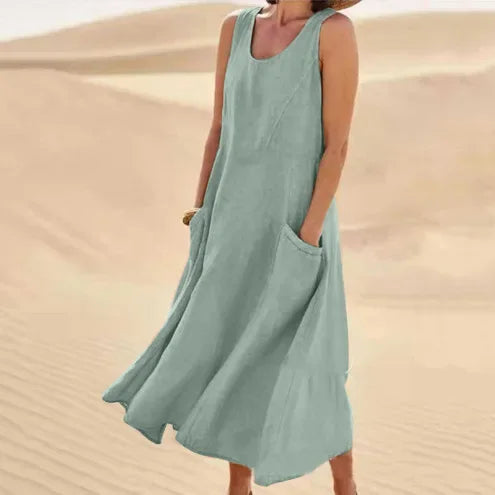 2023 Summer Casual Loose-fit Women's Dress Sleeveless Solid Color Round Neck Long Cotton Linen Dress Imported Europe America