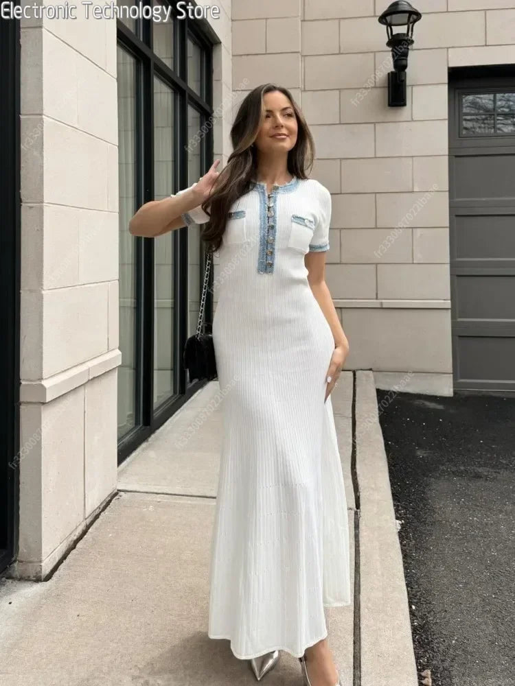 Elegant Contrasting Women Knit Maxi Dress Chic O-neck Short Sleeve Metal Buttons Bodycon Dresses 2024 Office Lady Commuting Robe