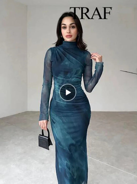 TRAF Women Print Tulle Bodycon Slim Dress Fashion Silk Mesh Midi Dress Women Long Sleeve Vintage Elegant Long Dresses