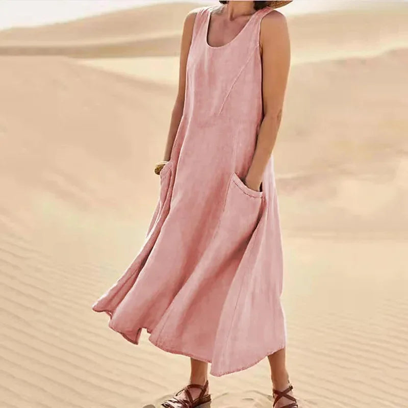 2023 Summer Casual Loose-fit Women's Dress Sleeveless Solid Color Round Neck Long Cotton Linen Dress Imported Europe America