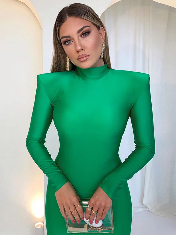 Hugcitar Solid Long Sleeve With Shoulder Pads Turtleneck Maxi Dress 2024 New Year Women Fashion Streetwear Elegant Skinny