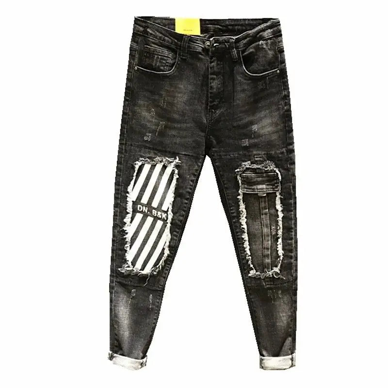 Fashion Harajuku Designer Stylish Slim Fit Patchwork Denim Jeans for Men Patches Korean Luxury Clothing Cowboy Pants for Men