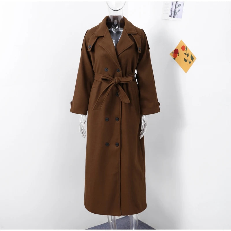 Elegant Women's Woolen Overcoat With Belt Street Lapel Double Breasted Full Sleeve Long Coat 2024 Autumn Lady Loose Outwear New