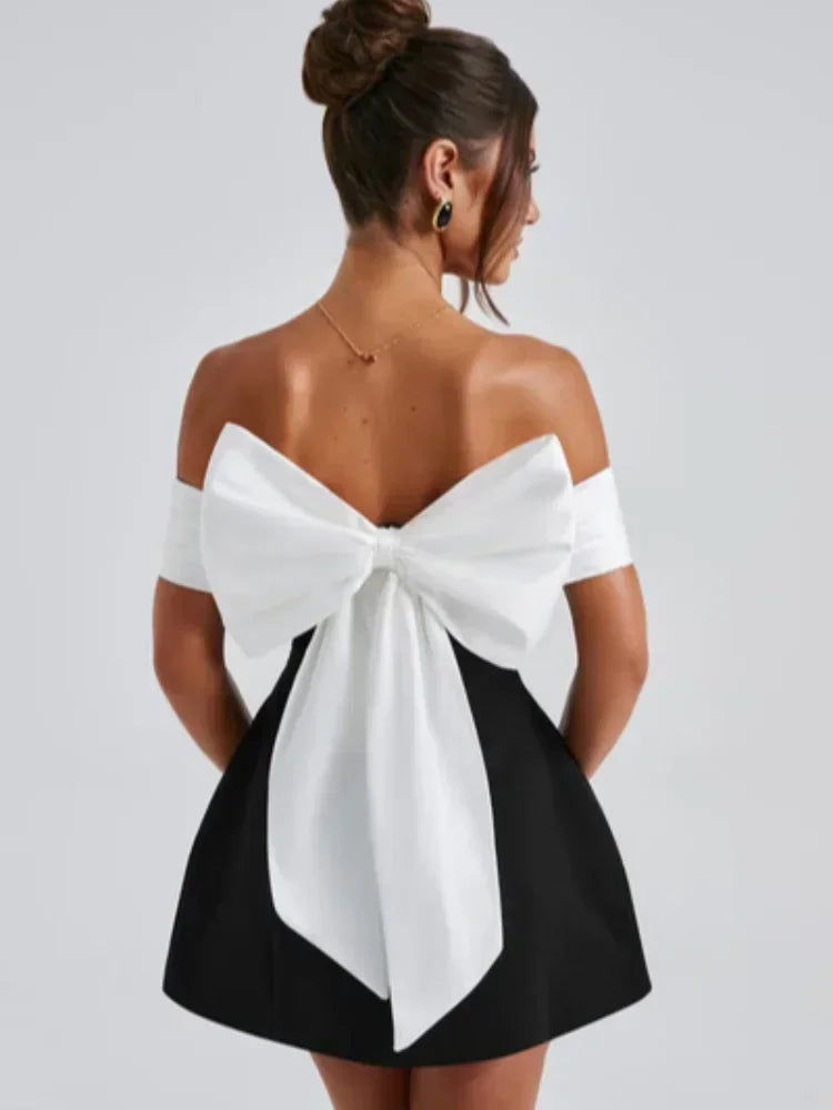 2024 Back Big Bow Decoration Mini Dress Fashion Off Shoulder High Waist Sleeveless Backless Dresses Autumnm New Party Gowns