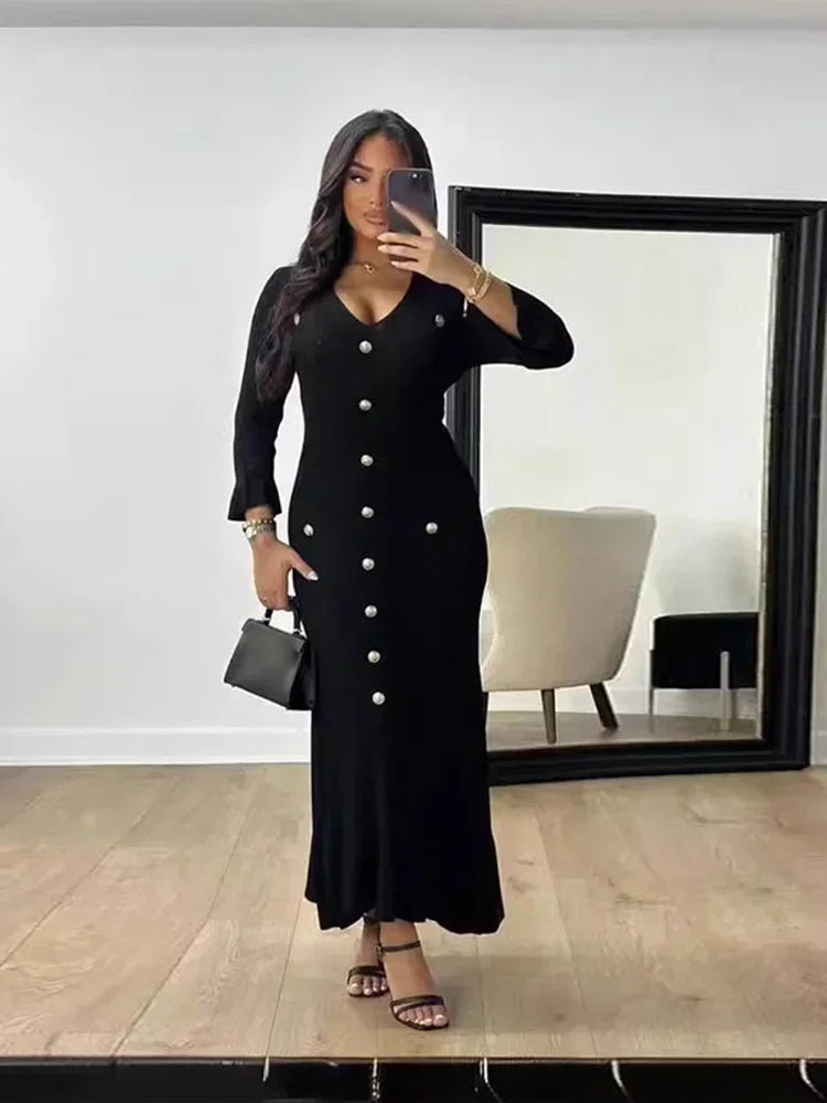 Elegant Solid Knitted Long Dresses For Women Fashion V-neck Long Sleeve Single-breasted Dress Female New Office Lady Street Robe