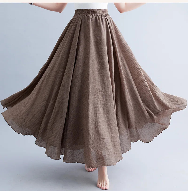 28-Color Mori Girl Literary Cotton Linen Dress Elastic Waist A-line Expansion Skirt Solid Color Ethnic Style Women Long Skirts