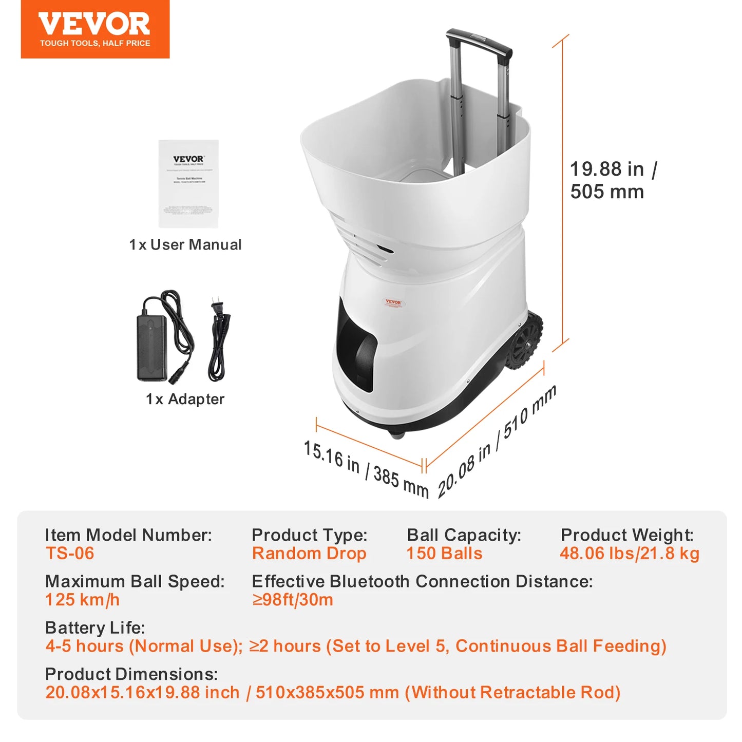 VEVOR Tennis Ball Machine Automatic Portable Tennis Ball Launcher 150Thrower 5Motors Multi-Mode 2+ Hours Play App Remote Control