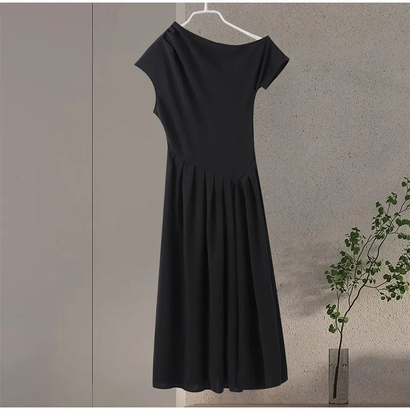 Elegant Long Dress Women Casual Diagonal Collar Slim Spring Summer A Line Robe Lady Fashion Chic High Waist Solid Dresses Female