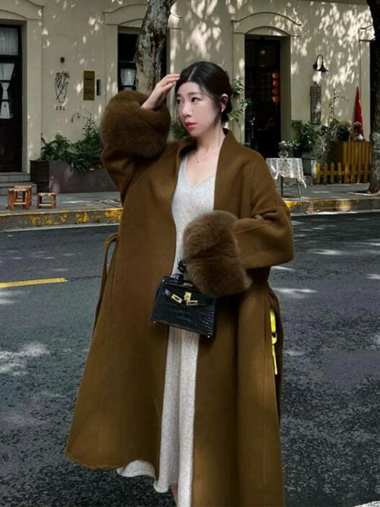 2024 Warm Long Coat With Belt Women's Elegant Warm Wool Blend Trench Coat Winter Clothes Fashion Outerwear Trench Coat