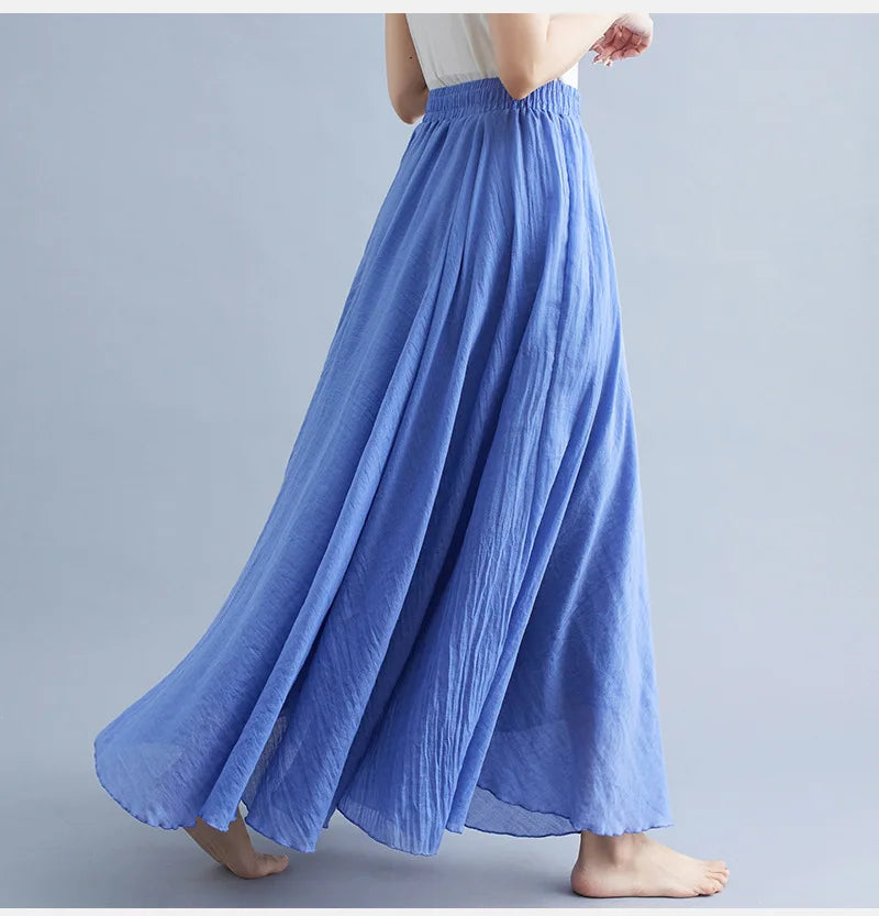 28-Color Mori Girl Literary Cotton Linen Dress Elastic Waist A-line Expansion Skirt Solid Color Ethnic Style Women Long Skirts